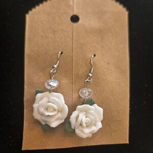 White Rose Clay Earrings Dangle Drop Bead